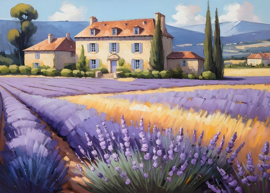 Cremefarbenes Haus mit blauen Fensterläden zwischen Lavendel- und Weizenfeldern in Frankreich