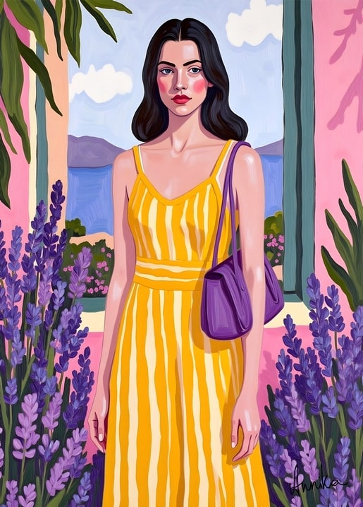 Illustrated postcard of a woman in a yellow dress standing in a lavender field above an Italian coastal village