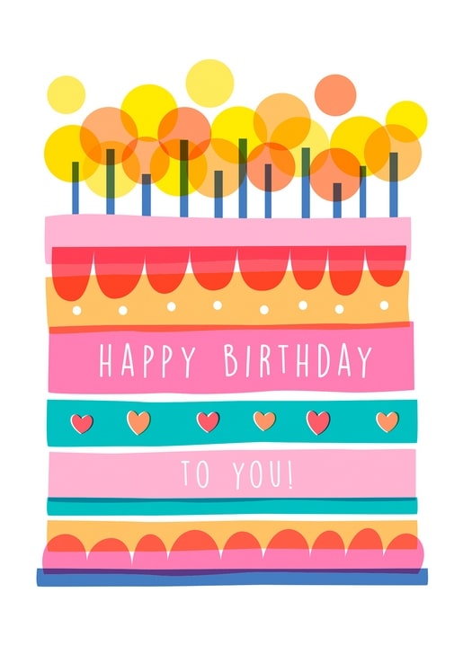 Illustrated layered birthday cake with lit candles and the message Happy Birthday to You in pink and teal stripes
