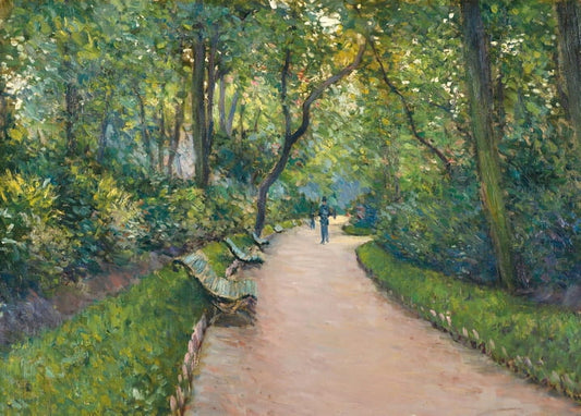 Tree-lined path with curved benches and strollers in Caillebotte's Parc Monceau