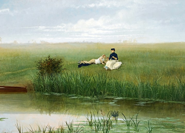 Postcard of a couple resting in a misty meadow beside a rowboat, from Georges Croegaert's ‘Le Repos des Canotiers’.