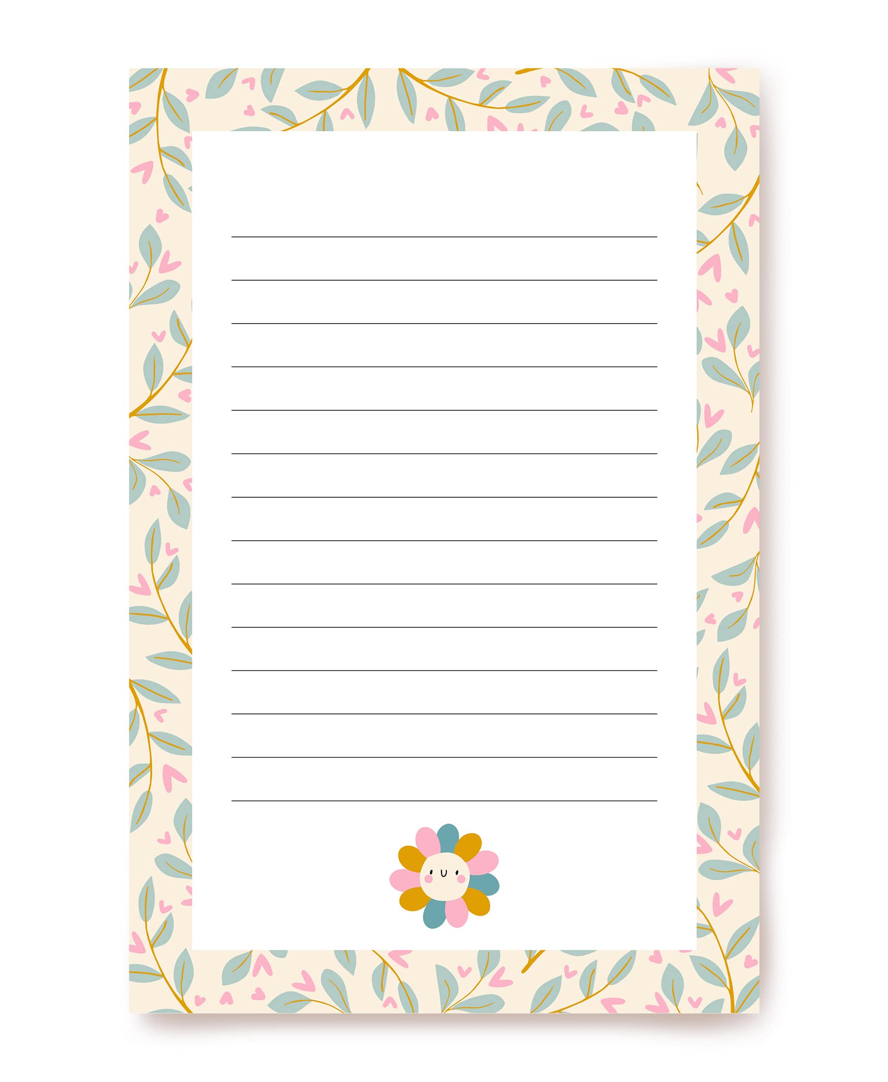 Ruled writing paper bordered with trailing leaf vines, pink hearts, and a small flower doodle at the bottom