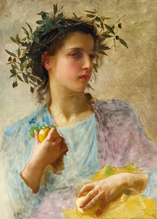 Young woman with a leafy wreath in her hair, holding ripe fruit in a classical portrait