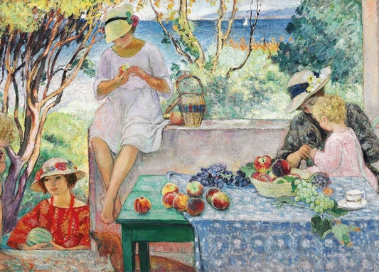 Henri Lebasque's terrace tea scene with women, children and fruit overlooking the sea at Saint-Maxime