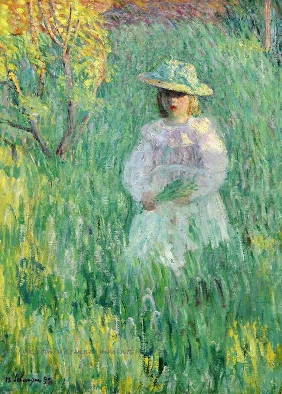 Henri Lebasque painting of a girl in a sun hat standing in tall summer meadow grass