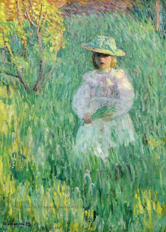 Henri Lebasque painting of a girl in a sun hat standing in tall summer meadow grass