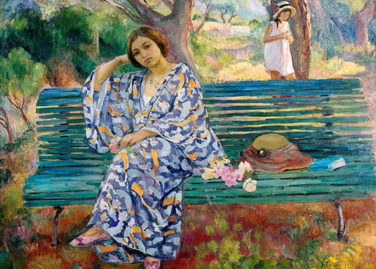 Henri Lebasque painting of a woman in a patterned robe resting on a green bench with roses