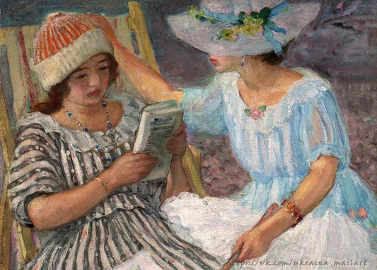 Henri Lebasque painting of two young women reading a book together outdoors in garden hats