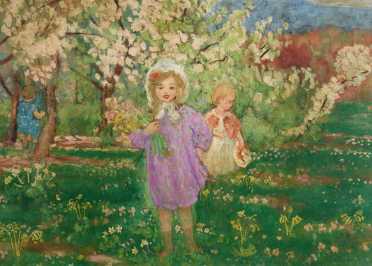 Girl in a lilac dress and white bonnet gathers blossoms in a flowering orchard, painting by Henri Lebasque