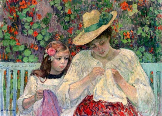 Henri Lebasque painting of a woman teaching a girl to sew among orange nasturtiums
