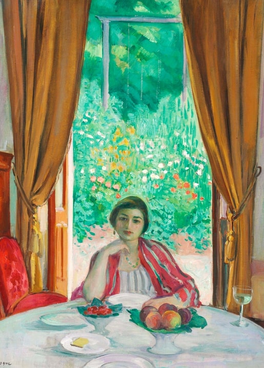 Henri Lebasque painting of a woman at a breakfast table with peaches, cherries and a garden view