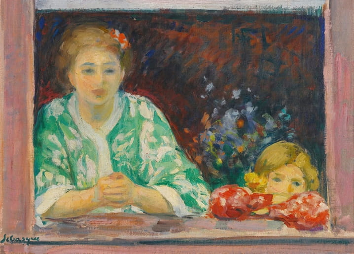 Woman in a green robe and young girl at a windowsill, painting by Henri Lebasque