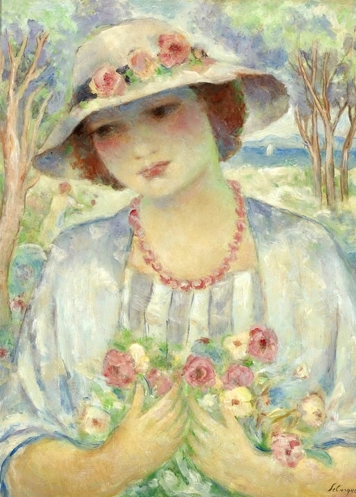 Henri Lebasque painting of a young woman in a rose-trimmed hat holding a bouquet by the coast