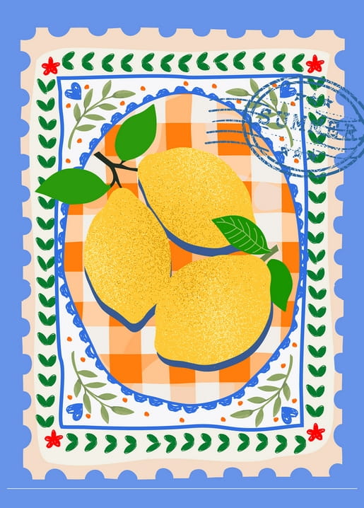 Drei Zitronen auf kariertem Stoff in floraler Bordüre im Design einer Briefmarke mit Poststempel