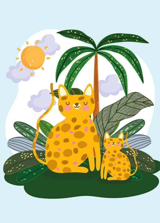 Cartoon-Leopard mit Jungtier sitzt unter einer Palme vor Sonne und Wolken