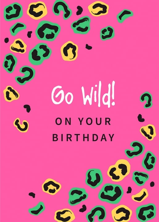 Green, yellow and black leopard print pattern on hot pink birthday postcard