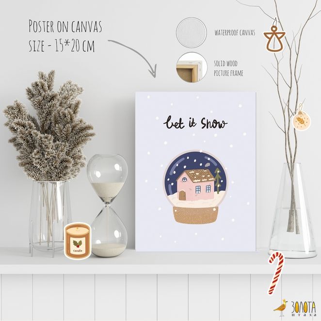 Let-It-Snow-Leinwandposter mit Schneekugel-Haus zwischen Pampasgras und Kerze