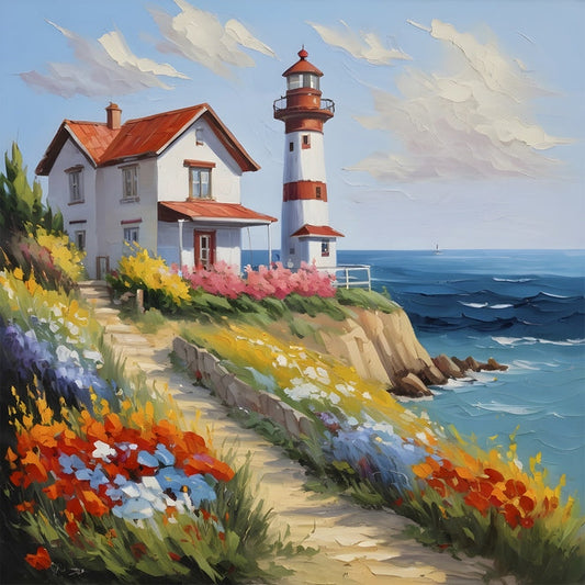 White house beside a red-striped lighthouse on a Bulgarian coastal cliff with wildflowers