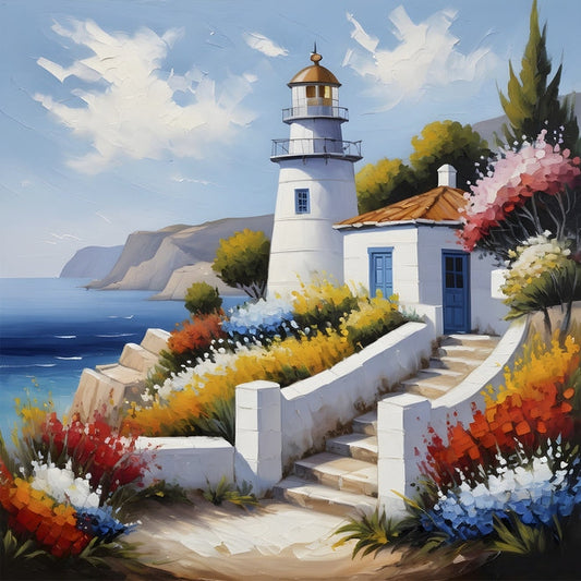Oil-style painting of a white lighthouse cottage above the Greek coast, with wildflowers lining stone steps to the sea.