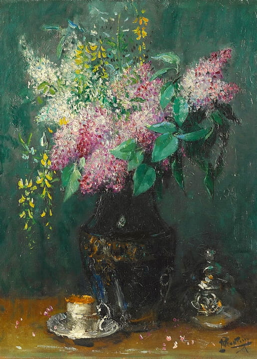 Still life of a lilac bouquet in a dark vase with a teacup and silver objects on a table