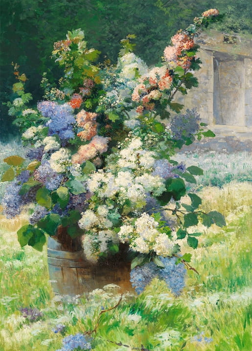 Eugène Henri Cauchois painting of lilac and blossom branches in a wooden bucket, on a postcard