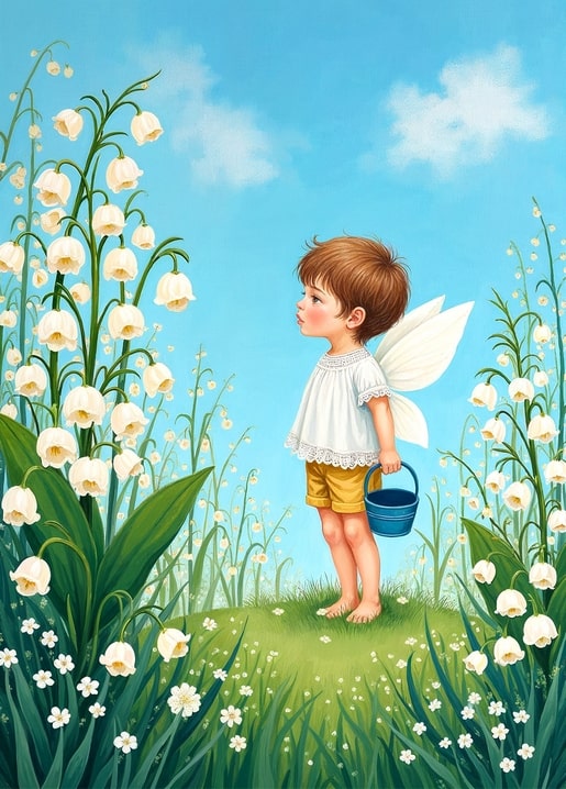 Illustrierter Feenjunge mit blauem Eimer zwischen weißen Maiglöckchenblüten