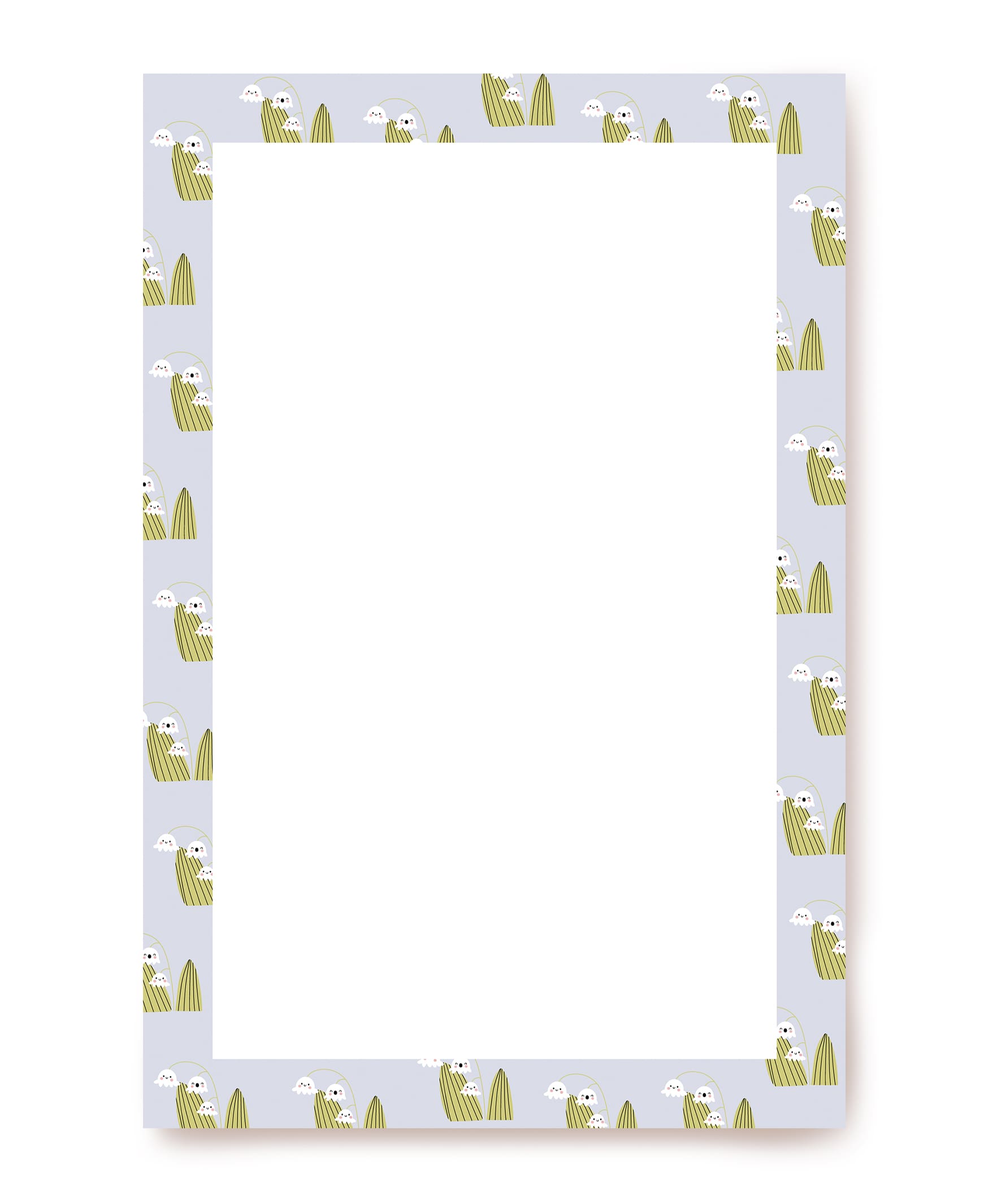 Lavender-grey writing paper bordered with lily-of-the-valley flowers and green leaves, blank unlined center
