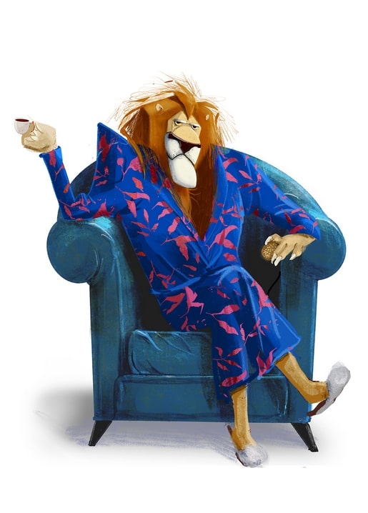 Illustrated lion lounging in a leaf-print bathrobe with coffee and a cookie