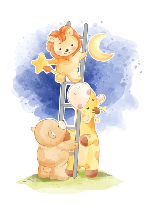 Aquarell-Postkarte: Löwe klettert zum Stern, Bär und Giraffe halten die Leiter
