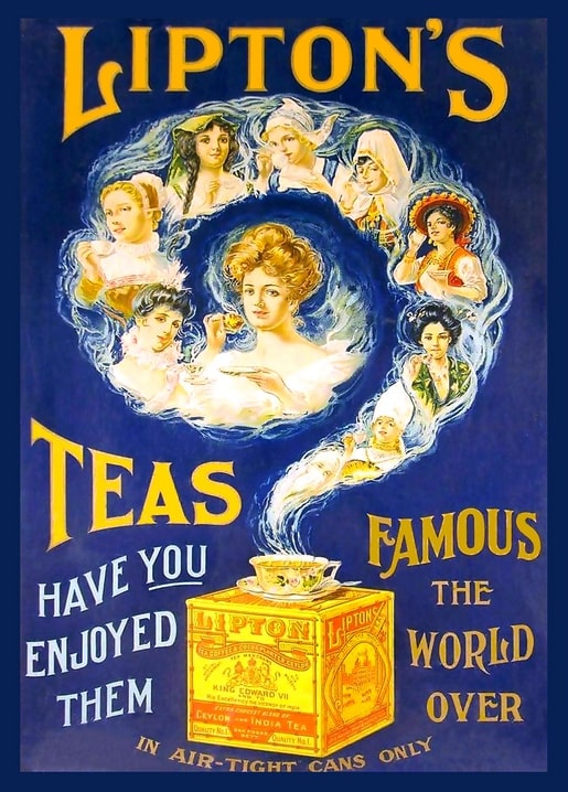 Vintage Lipton's Teas advertisement with women's portraits in swirling steam above a tea tin