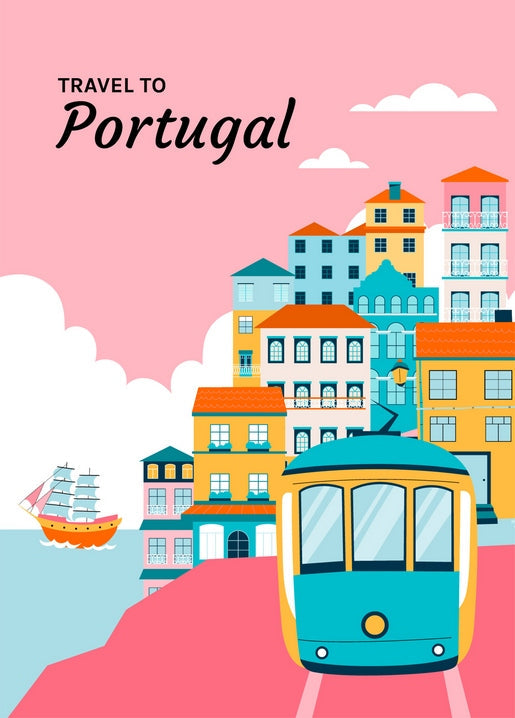 Illustration pastellfarbener Lissabonner Dächer, gelber Tram und Segelschiff
