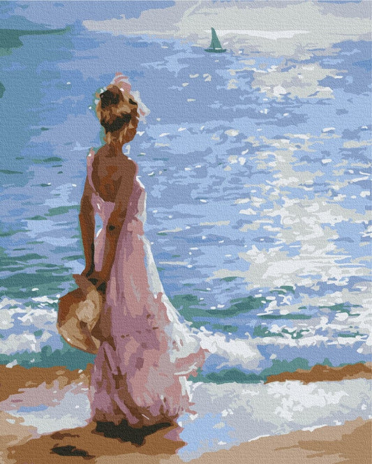 Frau im rosa Kleid blickt vom Ufer auf ein Segelboot, Illustration „Kleine Assol“