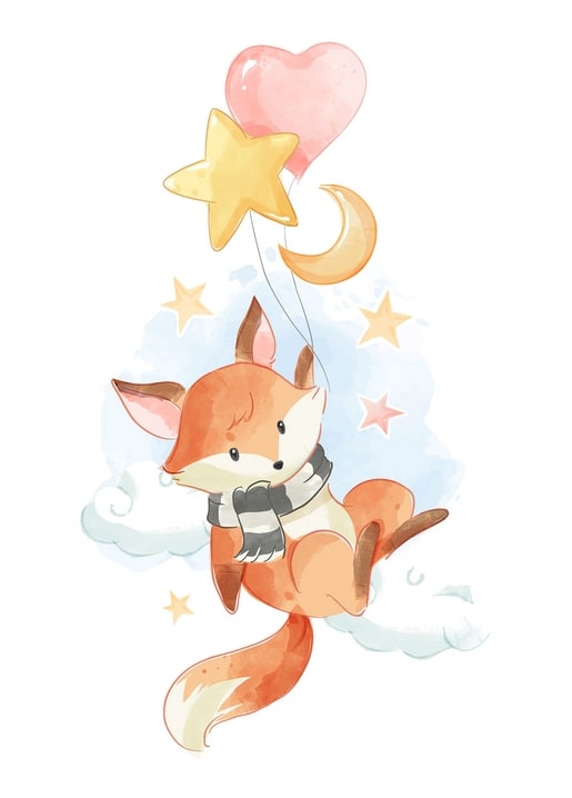 Watercolor postcard of a little fox in a scarf floating with a heart balloon, star balloon, and crescent moon.
