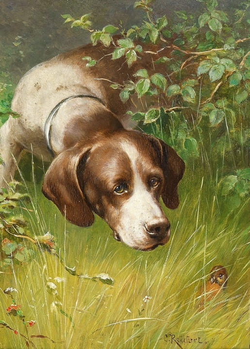 Oil painting of a brown-and-white pointer dog nose-to-nose with a small bird hidden in tall grass, by Carl Reichert.