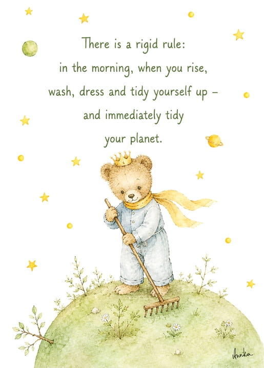 Little Prince Bear raking his planet, postcard with the verse printed in English