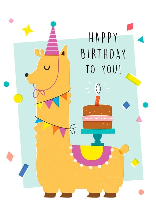 Illustrated yellow llama in a party hat holding a birthday cake