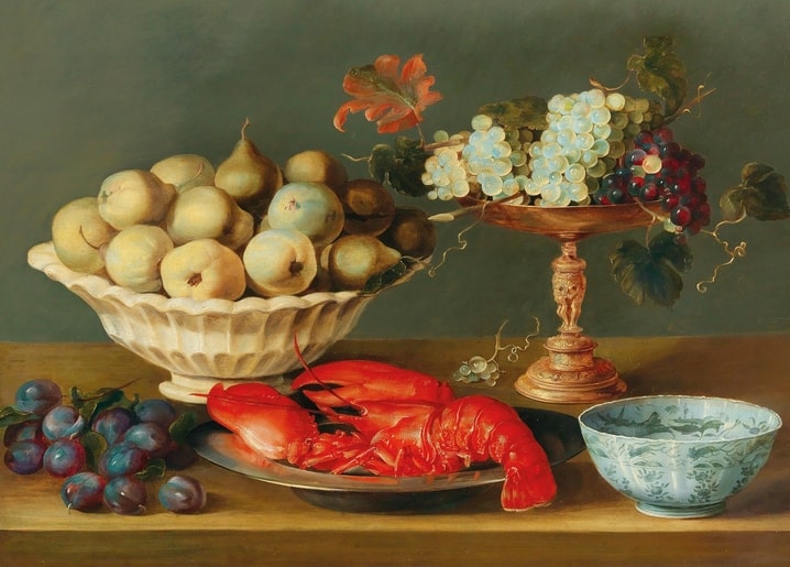 Barockes Stillleben von Jacob Foppens van Es mit Hummer, Trauben und Früchten