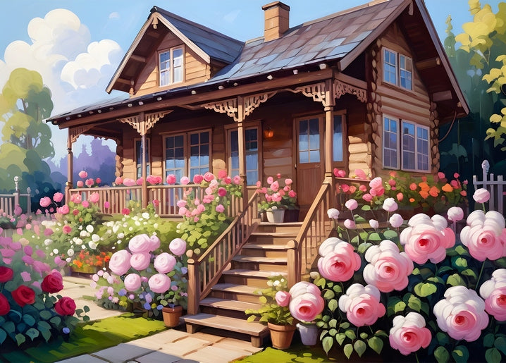 Wooden log cabin with a porch surrounded by pink and white roses
