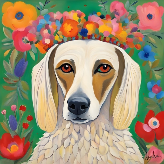 Long-eared dog wearing a flower crown, painterly portrait on green background