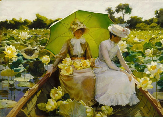 Two women in a rowboat among white lotus lilies, one holding a green parasol, painting by Charles Courtney Curran