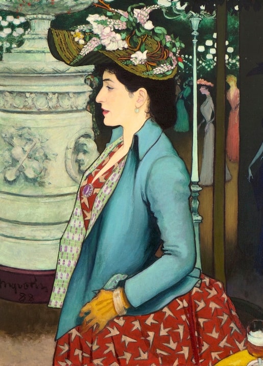 Post-Impressionist portrait of a woman in a teal jacket and floral hat at the Élysée Montmartre