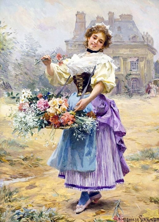 Flower girl in yellow and lilac dress carrying a basket of blooms before a grand château