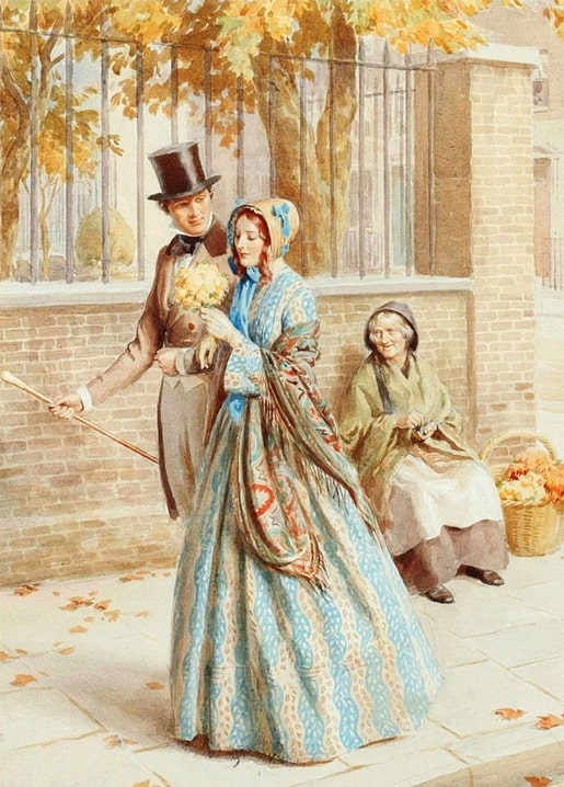 Top-hatted man offering flowers to a woman on a Paris boulevard in autumn, elderly flower seller nearby