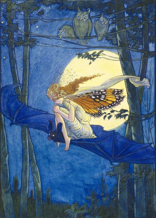 Illustration von Louis Rhead: Fee auf einer Fledermaus unter dem Vollmond mit Eulen