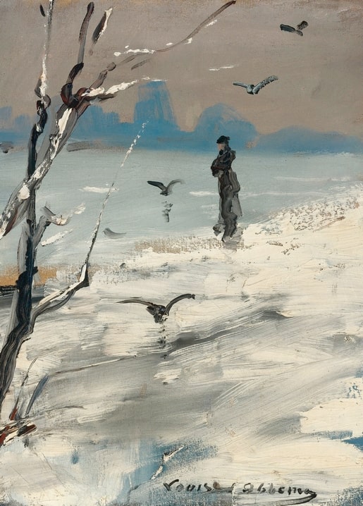 Impressionist painting of a lone figure walking a snowy shore with seagulls, by Louise Abbema