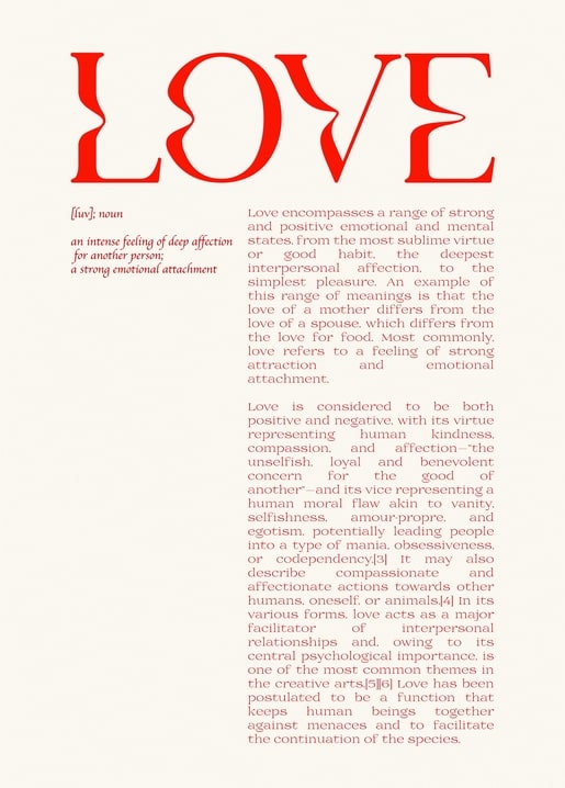 Postkarte mit dem Wort „LOVE“ in Rot und der Wörterbuch-Definition darunter