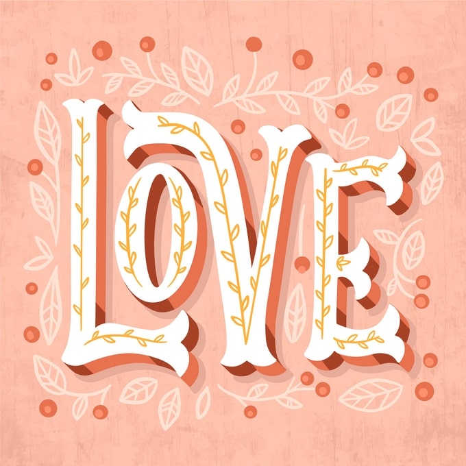 Handlettering-Schriftzug „LOVE“ mit Blumenranke und Beeren auf rosa Hintergrund