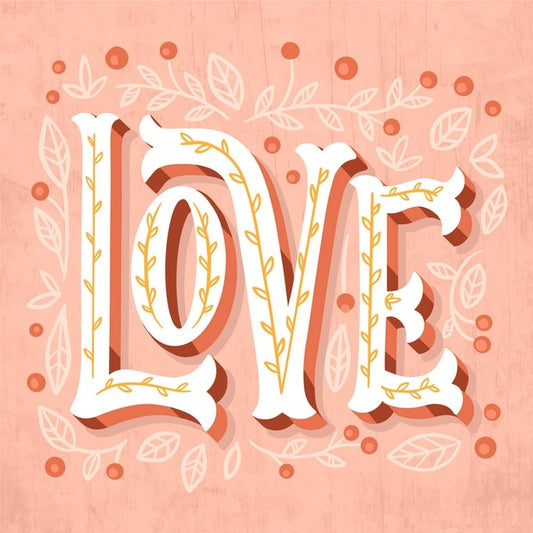 Handlettering-Schriftzug „LOVE“ mit Blumenranke und Beeren auf rosa Hintergrund