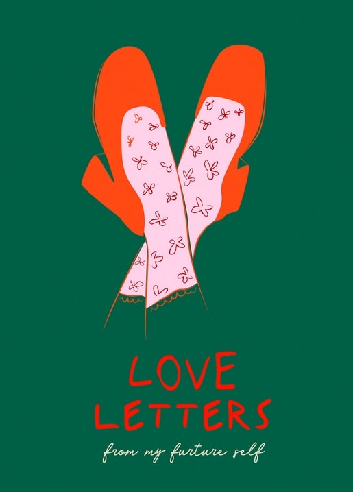 Orangefarbene Fäustlinge mit rosa Herzchen-Futter und dem Schriftzug Love Letters