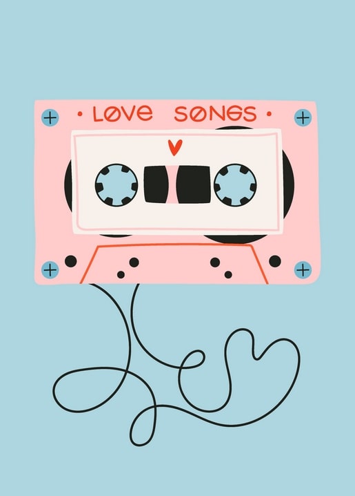 Rosa Kassette mit Aufschrift „Love Songs“ und herzförmig verschlungenem Band